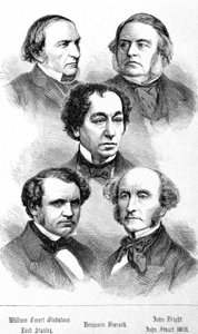 Retrato de William Ewart Gladstone, John Bright, Lord Stanley, John Stuart Mill y Benjamin Disraeli - en “Los Contemporáneos” de Unknown artist