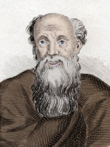 Retrato del filósofo griego Demócrito (460-370 a.C.), Demócrito de Abdera. Grabado del siglo XIX de Unknown artist