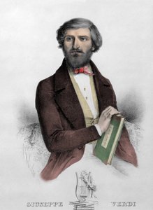 Retrato del compositor italiano Giuseppe Verdi (1813 - 1901) con la partitura de 