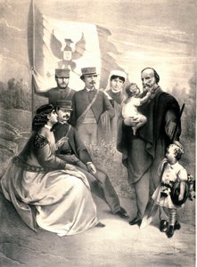 Retrato del patriota italiano y héroe del Risorgimento Giuseppe Garibaldi (1807-1882) rodeado de sus hijos Menotti, Ricciotti de pie y Teresita, Francesca Armosino y los pequeños Manlio y Clelia de Unknown artist