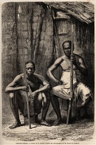 Retrato de dos guerreros Bakali. Dibujo de H. Castelli, para ilustrar el viaje a Gabón, en 1861-1864, del Doctor Griffon du Bellay. Grabado en 