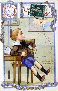 Postal que muestra el curso del día de un niño. A las 10:00, el niño está en la escuela de Unknown artist