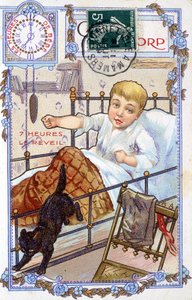 Postal que muestra el curso del día de un niño. A las 7 en punto, el niño se despierta de Unknown artist