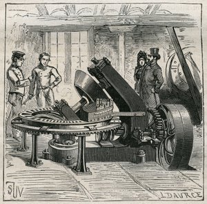 Cerámica: máquina Fleury utilizada para el moldeado mecánico de ladrillos. Grabado de 1885 en "Les arts et metiers illustres" por Adolphe BITARD de Unknown artist