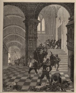 Cerámica: destrucción de la fábrica "Henri II" durante el saqueo del castillo de Oiron (Deux Sèvres) en 1568 durante la Liga. Grabado de 1885 en "Les arts et metiers illustres" por Adolphe BITARD