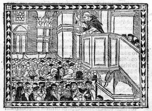 Predicación de G. Savonarola (Jerome Savonarola) - en “Compendium of Revelatione”, incunable de 23/4/1496 de Unknown artist