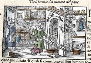 Preparación y horneado de pan en un horno. Grabado de Olaus Magnus, “Historia de Gentis Septentrionalibus”, Venecia de Unknown artist
