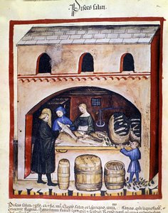Preparación de pescado sucio. Iluminación del "Tacuinum sanitatis" de Unknown artist