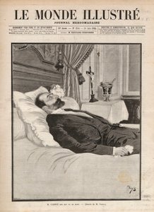 Presidente de la república Sadi Carnot (1837-1894) en su lecho de muerte, en un contexto de agitación sindical y anarquista, fue asesinado el 24 de junio en la exposición de Lyon, por Sante Caserio (1873-1894) y más tarde. Grabado en “Le Monde illustré” de de Unknown artist