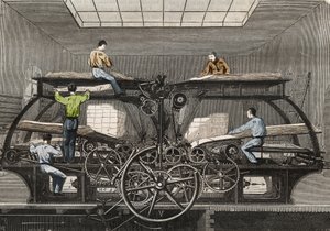 Prensa de impresión: prensa de impresión del periódico “Le Siecle” en París. Grabado de 1857 en “Le Musee Des Sciences”. de Unknown artist