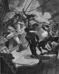 Corsario Jean Bart (1650-1702) acercándose a un barco. Grabado del siglo XIX. En “Histoire de France” por Jules Michelet de Unknown artist
