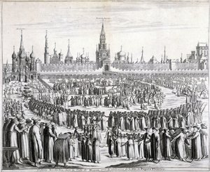 Procesión de las flores de Pascua frente a la Puerta del Santo Salvador y el Kremlin en Moscú. Grabado del siglo XIX