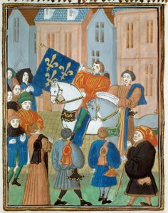 Proclamación de Paz en Reims el 2 de octubre de 1435 tras la firma del Tratado de Arras entre el rey Carlos VII y el duque de Borgoña Felipe III el Bueno, que puso fin a la guerra civil entre los Armagnacs y los Borgoñones. Miniatura de "Reyes y reinas" de Unknown artist