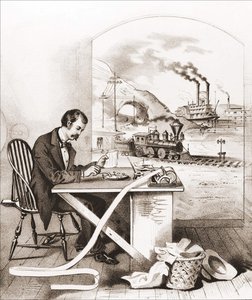 Progreso del Siglo (siglo XIX): Telegrafía de Morse, Barco del Amanecer, Tren, etc. de Unknown artist