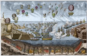 Proyecto de ataque contra Inglaterra en 1803 por Napoleón I - Tropas francesas atraviesan el Túnel del Canal mientras barcos y globos atacan por mar y aire - Grabado de 1803 de Unknown artist