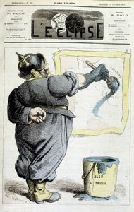 Soldado prusiano trazando las fronteras de Alsacia-Lorena al azul de Prusia (Referencia a la anexión de la región por la Guerra de 1870) - en "L