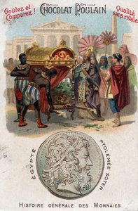 Ptolomeo I (360-283 a.C.) Soter (salvador) enterró a Alejandro Magno. En Historia General de las Monedas. Cromolitografía de chocolate de finales del siglo XIX. Colección privada.