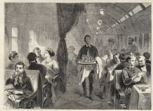 Vagón comedor Pullman del Ferrocarril del Pacífico en 1869 - interior de un vagón hotel en el Ferrocarril del Pacífico de Unknown artist