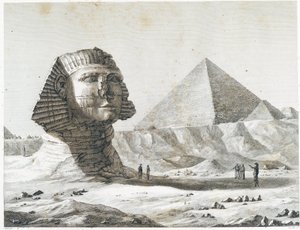 Pirámides de Giza: vista de la Esfinge y la Gran Pirámide, tomada desde el sureste - en “Descripción de Egipto”, Ediciones Imperiales de Unknown artist