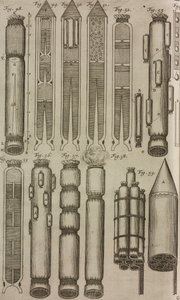Cohetes e instrumentos pirotécnicos, grabado de Grand Art d