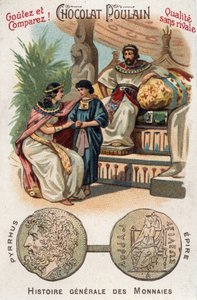 Pirro I (o Pirro) rey de Epiro de 306 a 272 a.C. En Historia General de las Monedas. Cromolitografía de chocolate de finales del siglo XIX. Colección privada. de Unknown artist