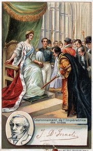 Reina de Inglaterra Victoria coronada Emperatriz de la India en 1877 con el apoyo de Benjamin Disraeli (1804-1881) escritor y político británico. Cromolitografía del siglo XIX