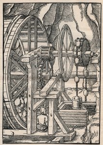 Bomba de trapo y cadena para drenar una mina operada por hombres en una rueda de molino. De Agricola (George Bauer) De re metallica, Basilea de Unknown artist