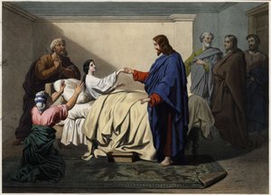 Resurrección de la hija de Jairo - Jesús resucita a la hija de Jairo. Grabado anónimo de finales del siglo XIX