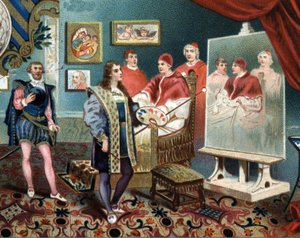 Rafael (Raffaello Sanzio) trabajando en el retrato del Papa León X (Leone 10) rodeado de los Cardenales Julio de Médicis (Giulio) (Papa Clemente VII) de Unknown artist
