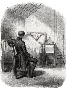Rastignac permaneció solo cerca del anciano, sentado al pie de la cama... Grabado de mediados del siglo XIX. Ilustración para “El padre Goriot” de Honoré de Balzac (1799-1850).