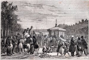 Lectura de las prescripciones en el Moniteur, en el jardín del Palacio Real, el 26 de julio de 1830 a las 7 de la tarde de Unknown