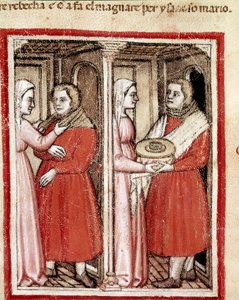 Rebeca da a su hijo Jacob, vestido con las ropas de Esaú, un plato de carne de cabrito para que se lo lleve a su padre ciego Isaac y reciba su bendición en lugar de Esaú (Miniatura del códice 212 o Biblia de Padua) 1390-1400 Rovigo, Accademia dei Concordi de Unknown artist