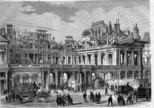Obras de reconstrucción del Palacio Real en París. Grabado en 