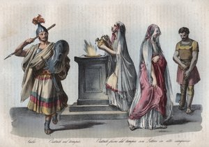 Religión en la antigua Roma - Salii (sacerdotes saltarines) y Vestales o Vírgenes Vestales - grabado de “Usi e Costumi di Tutti i Popoli dell