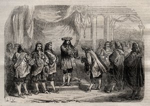 René Duguay Trouin (Duguay-Trouin) (René Trouin du Gué dit) (1673-1736) recibiendo la cruz de San Luis de manos del rey Luis XIV - grabado en Dictionnaire populaire illustrious - 1864 - por Joseph Decembre y Edmond Allonier de Unknown artist