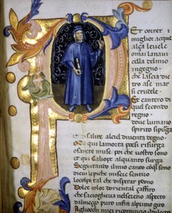Representación en una letra capital del poeta Dante Alighieri (1265 - 1321), miniatura del siglo XIV. de Unknown artist