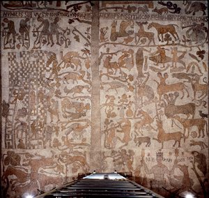 Representación de Alejandro Magno (356-323 a.C.), rey de Macedonia y conquistador de Persia, rodeado de fauna india durante la conquista de la India y el diluvio helenístico a la derecha, a la izquierda la construcción de la Torre de Babel de Unknown artist