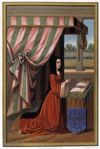 Representación de Ana de Francia conocida como Ana de Beaujeu (1461-1522) en oración. Es la hija de Luis XI y Carlota de Saboya. Cromolitografía después de una iluminación.