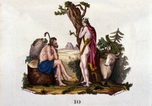Representación de Argos e Io, transformada en vaca por Mercurio. Lámina del “Diccionario de mitología” 1888 de Unknown artist