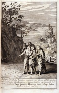 Representación de Aristipo de Cirene (435-356 a.C.) filósofo griego discípulo de Sócrates, después del naufragio que lo arrojó a la costa de Rodas, descubre trazos geométricos en la arena. Grabado del Libro XV de los "Elementos" de Euclides. 1591 de Unknown artist