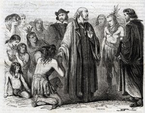 Representación de Bartolomé de las Casas (1484-1566) sacerdote dominico, misionero con los indios (Retrato de Bartolomé de las Casas, fraile dominico y protector de los indios - grabado de 1860) de Unknown artist