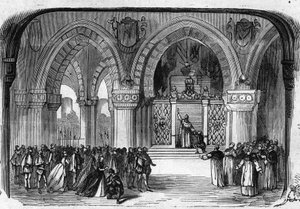Representación de Don Carlo (Don Carlos) Ópera en 5 actos de Giuseppe Verdi en la Ópera de París el 11 de marzo de 1867. Escena del 5º acto: Monasterio de San Justo, aparición de Carlos V. Grabado de 1867.