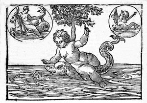 Representación de Ino, dios del mar, y su hijo Palemon. Grabado de “Mythologiae sive explicationes fabularum” de Natalis Comitis. 1637