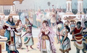 Representación de la Escena 1 del Acto I de "La Reina de Saba", ópera compuesta por Karl Goldmark (1830 - 1915). Cromolitografía del siglo XIX.
