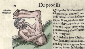 Representación de un monstruo Sciapod. Grabado de "El libro de Prodigiorum ac ostentorum Chronicon Basileae" de Wolfhart (Conrad Lycosthene) 1557