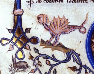 Representación de un animal fantástico mitad hombre mitad dragón. Miniatura de un manuscrito del siglo XIV