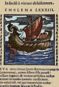 Representación de una rémora que, según las historias de Plinio, San Ambrosio y Rabelais, atacaba los barcos adhiriendo su cola con una ventosa a una roca y bloqueando el barco con su boca. Grabado de una obra del siglo XVII de Unknown artist