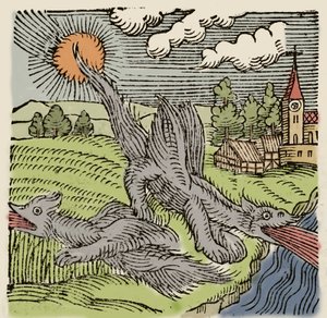 Representación de basiliscos en vuelo quemando campos de trigo. Grabado de “Prodigiorum ac ostentorum chronicon” por Conrad Lycosthenes (1518-1561). 1557. de Unknown artist