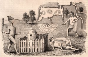 Representación de tribus medievales y especies animales: hombres con orejas largas, uno dormido, y una quimera con una maza de Unknown