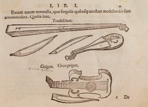 Representación de instrumentos de cuerda y arquero. Página tomada del manual práctico de música Musurgia